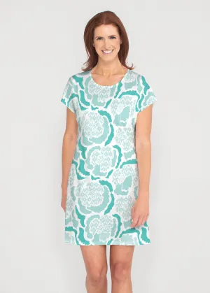 Peonies Aqua (8082) ~ French Terry Short Sleeve Crew Dress