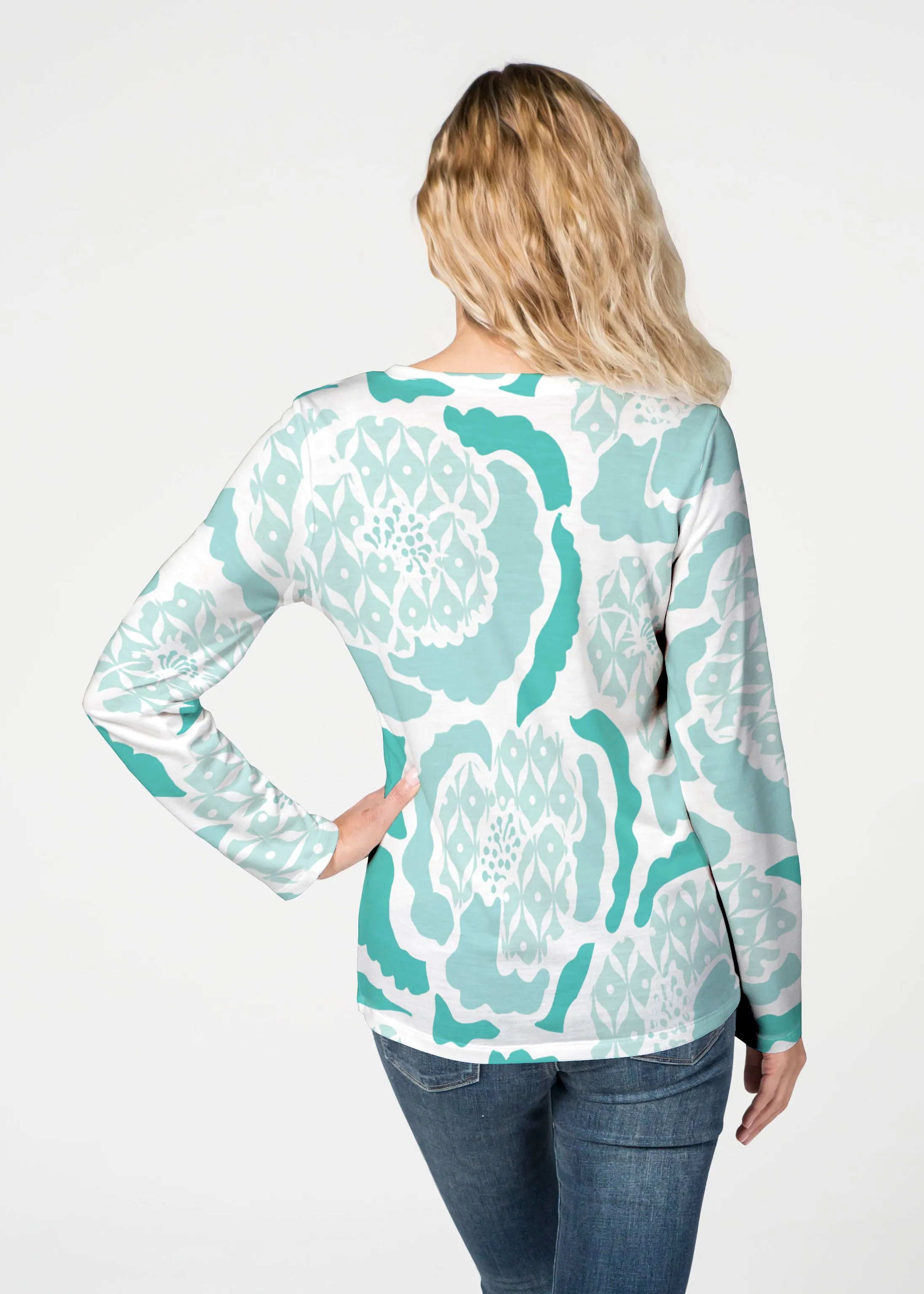 Peonies Aqua (8082) ~ French Terry V-neck Top