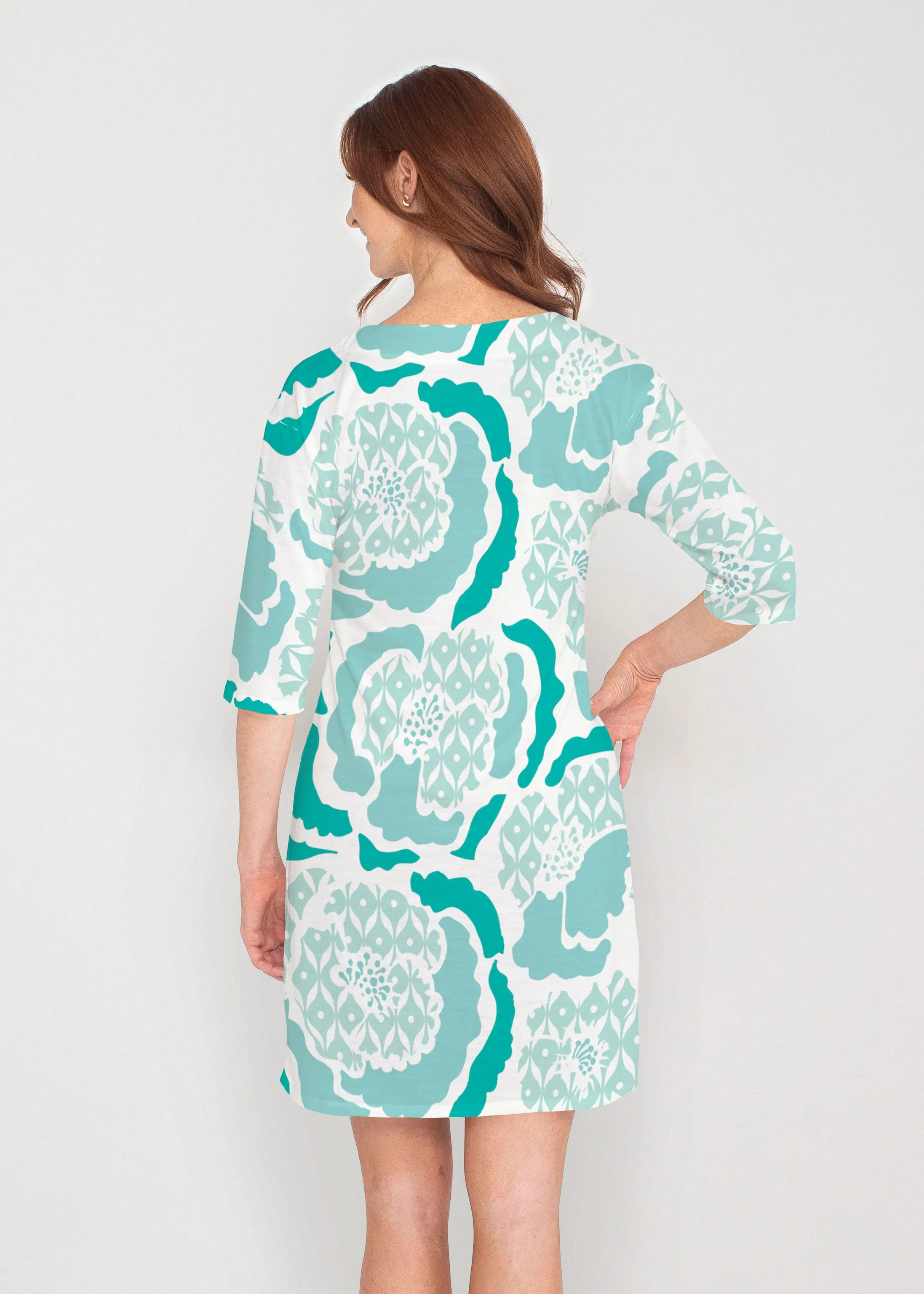 Peonies Aqua (8082) ~ Lucy 3/4 Sleeve V-Neck Dress