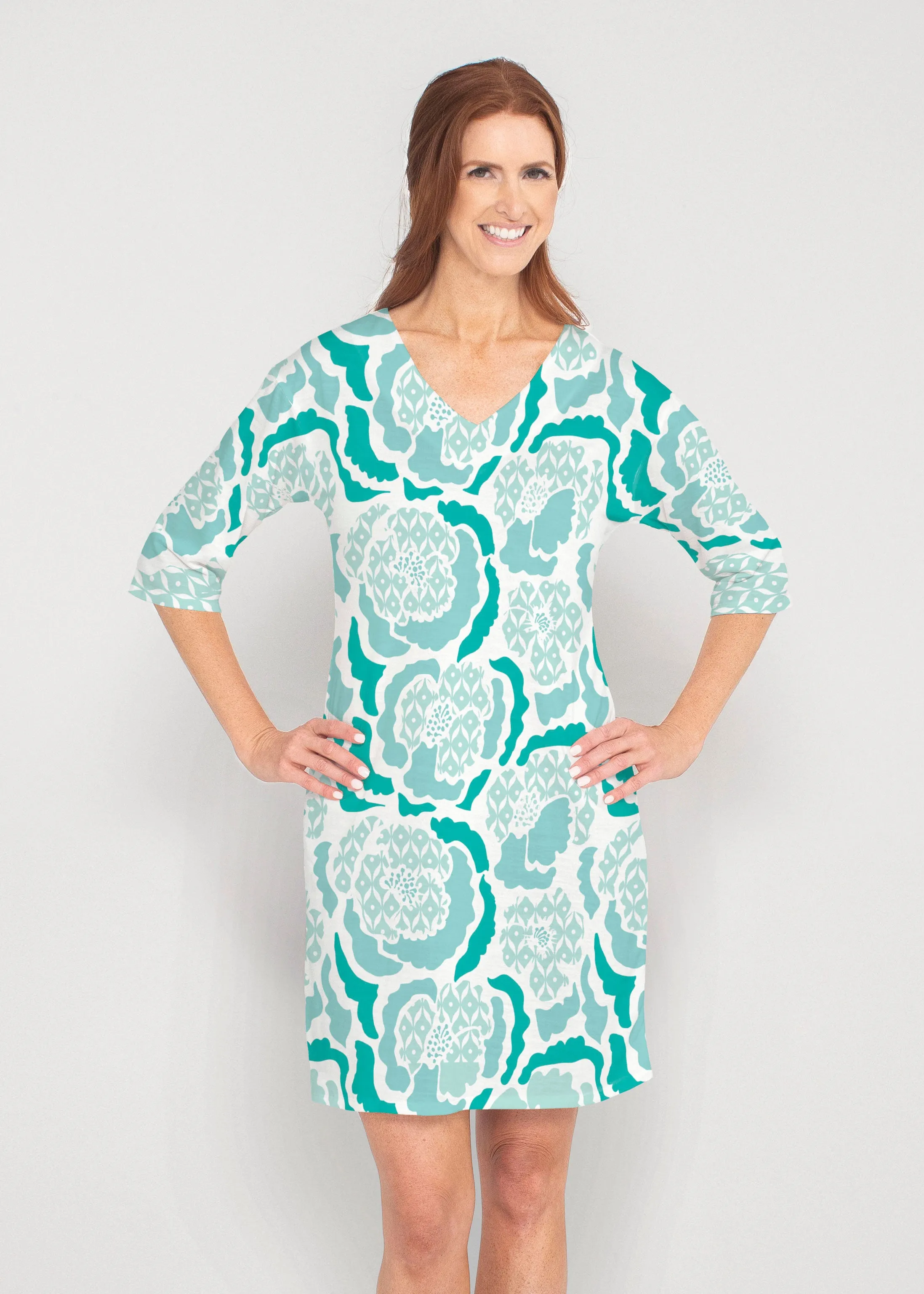 Peonies Aqua (8082) ~ Lucy 3/4 Sleeve V-Neck Dress