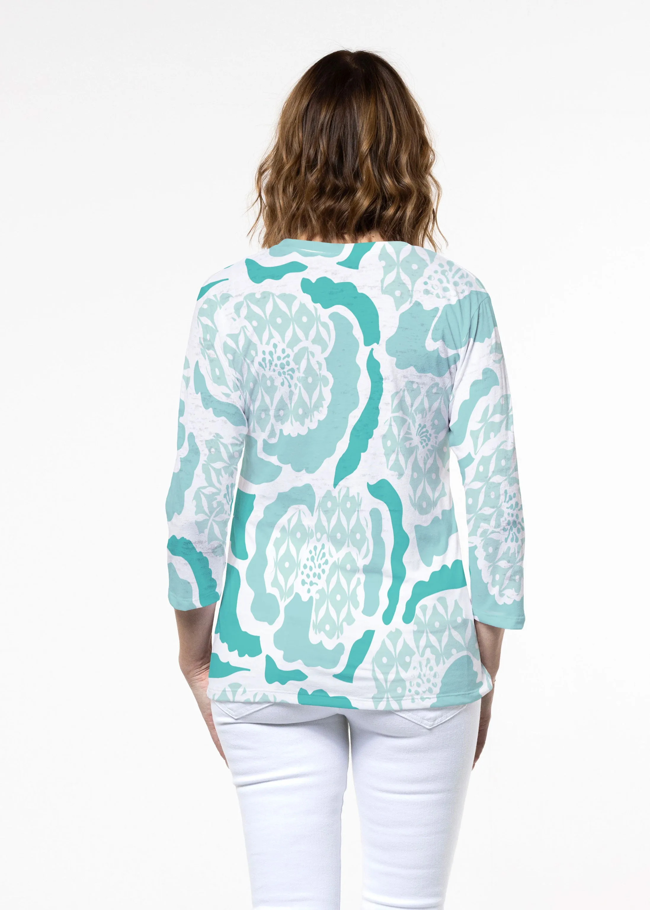 Peonies Aqua (8082) ~ Signature 3/4 Sleeve Crew Neck Top