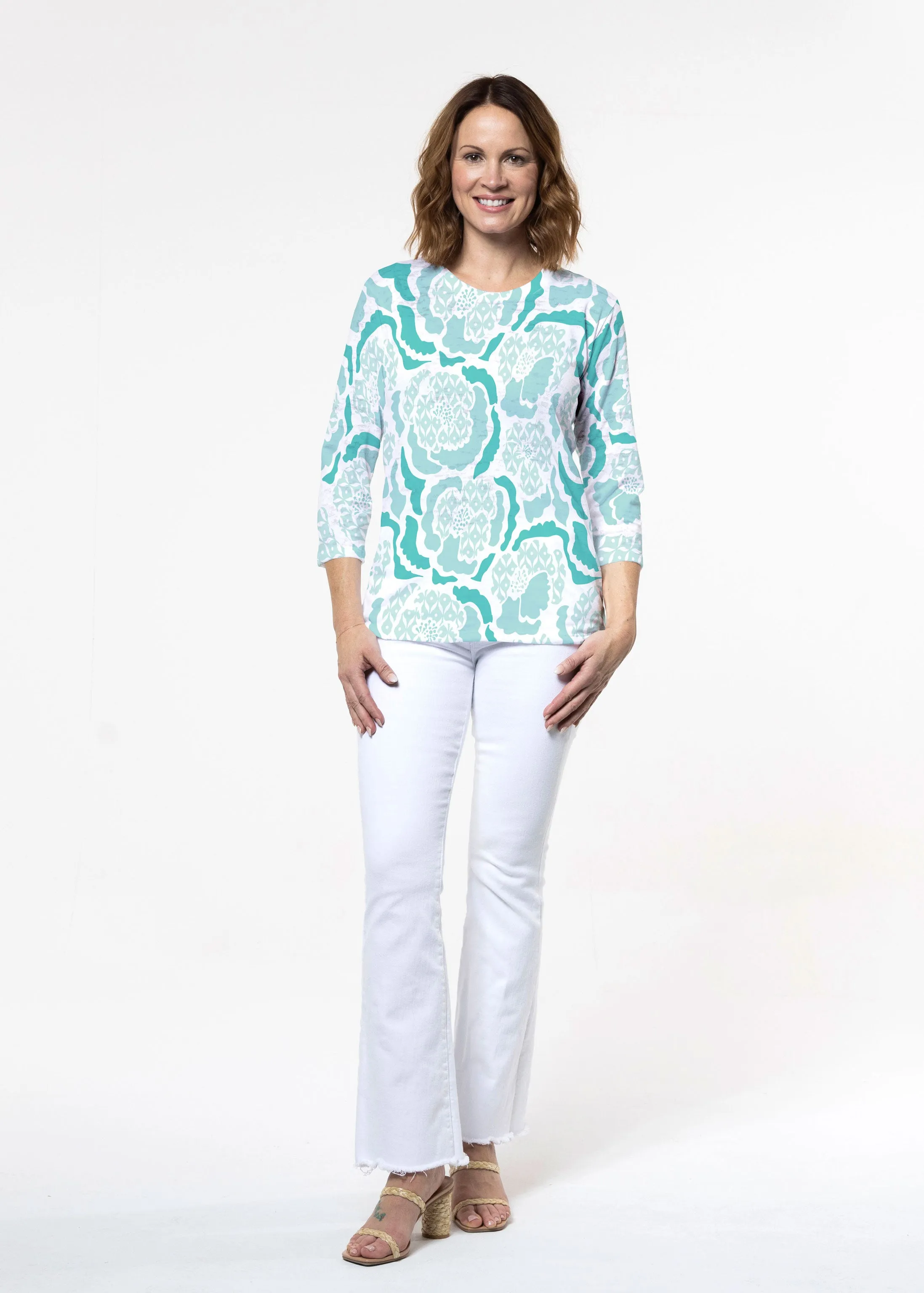 Peonies Aqua (8082) ~ Signature 3/4 Sleeve Crew Neck Top