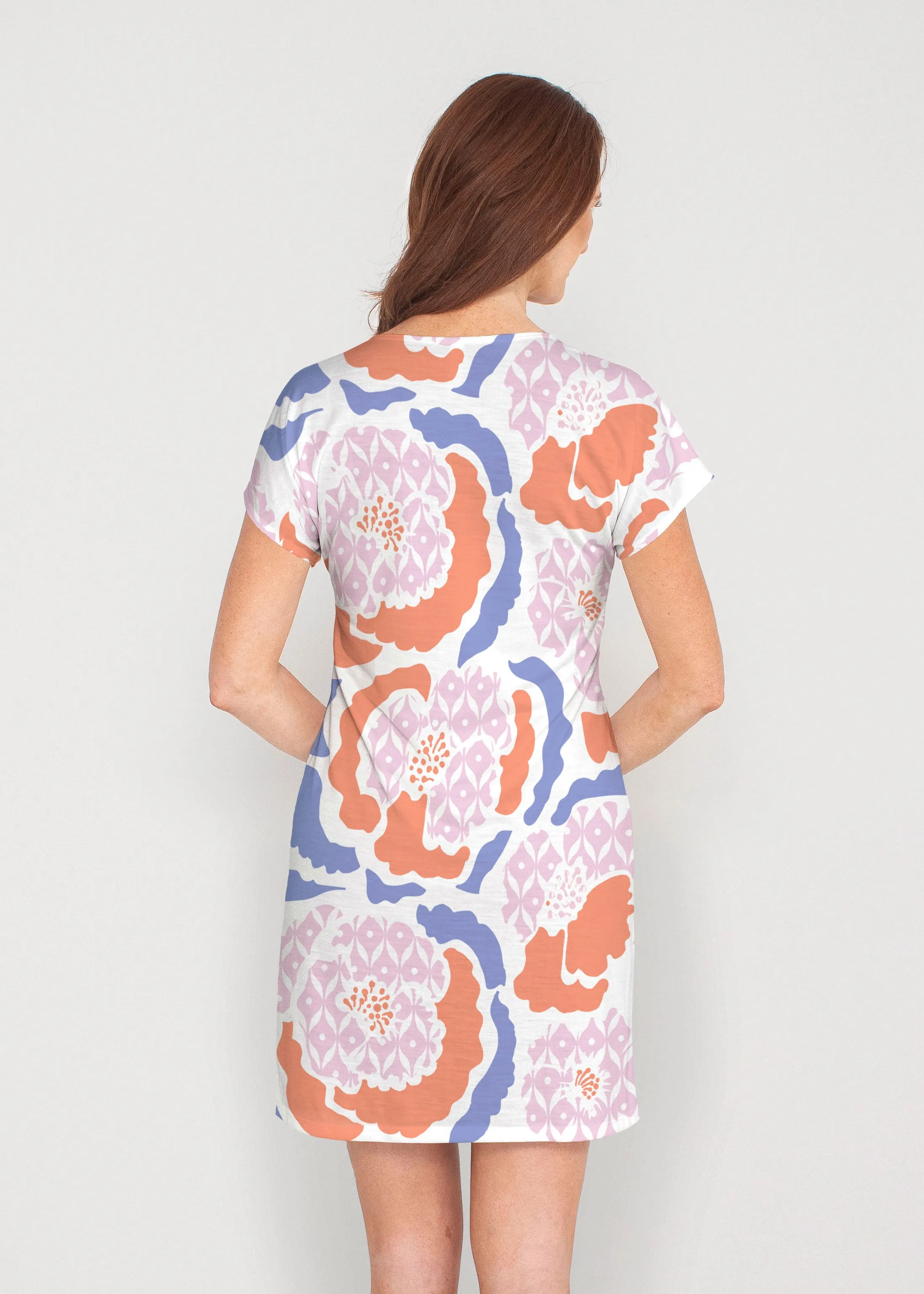 Peonies Pink (8074) ~ French Terry Short Sleeve Crew Dress