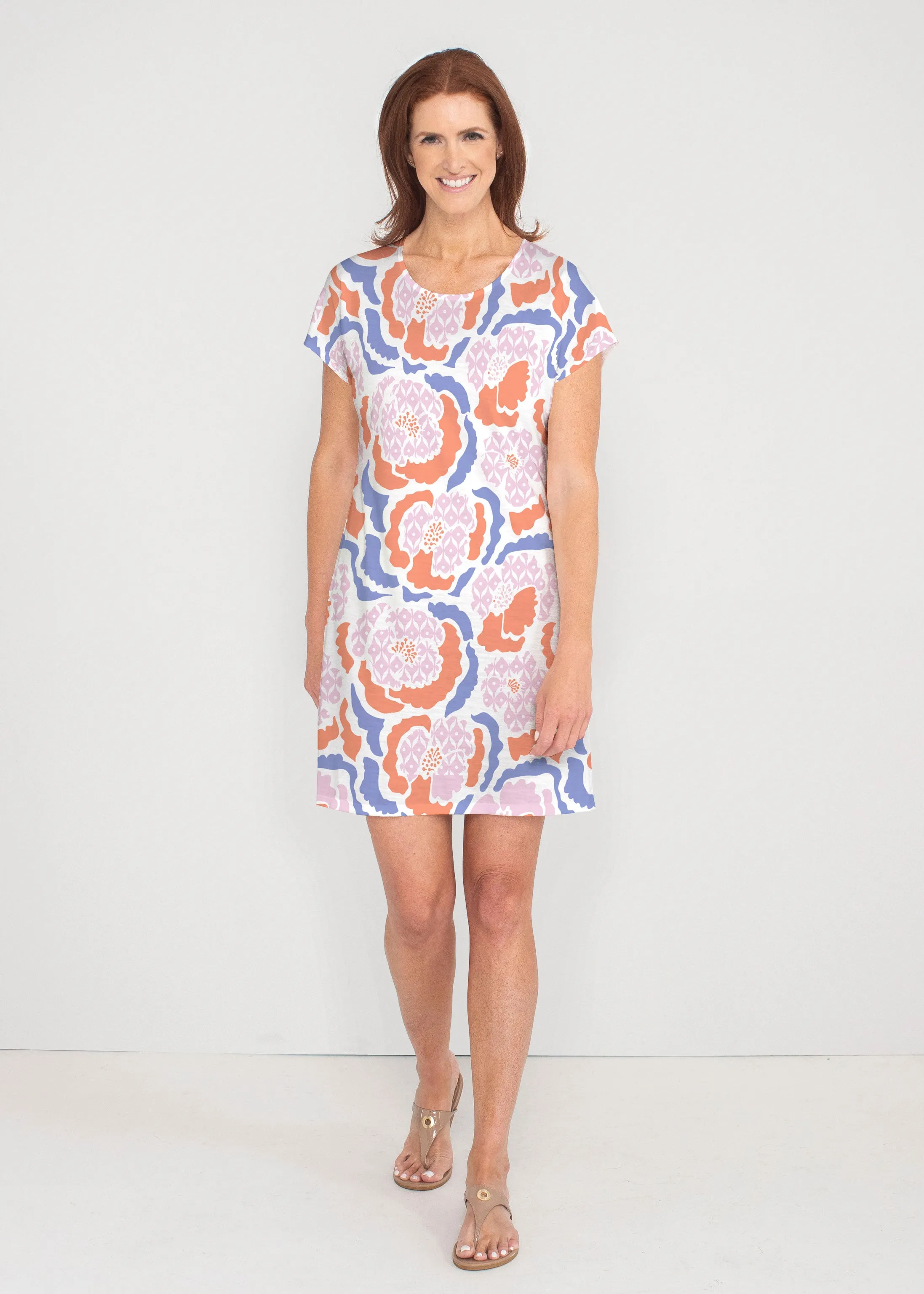 Peonies Pink (8074) ~ French Terry Short Sleeve Crew Dress