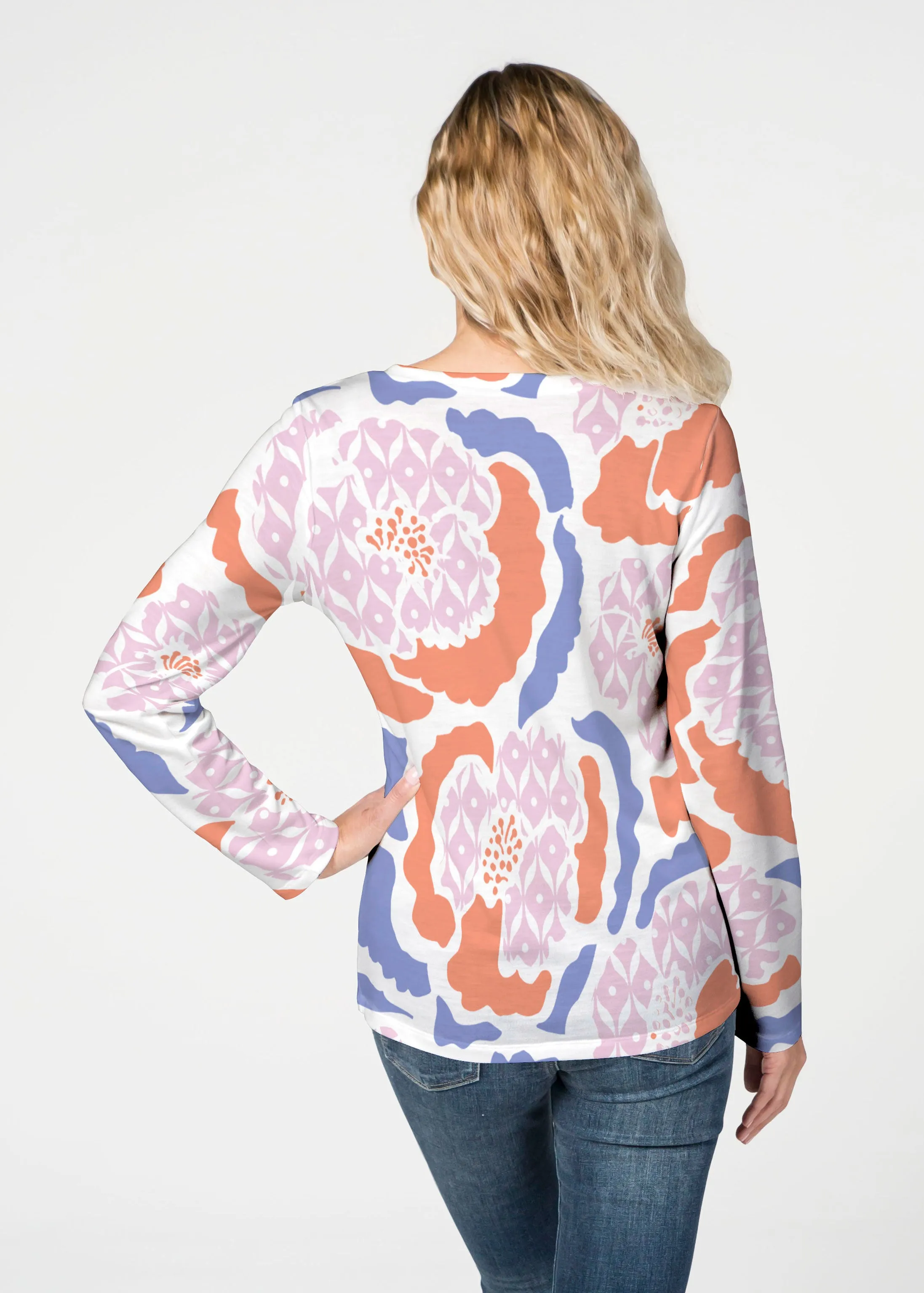 Peonies Pink (8074) ~ French Terry V-neck Top
