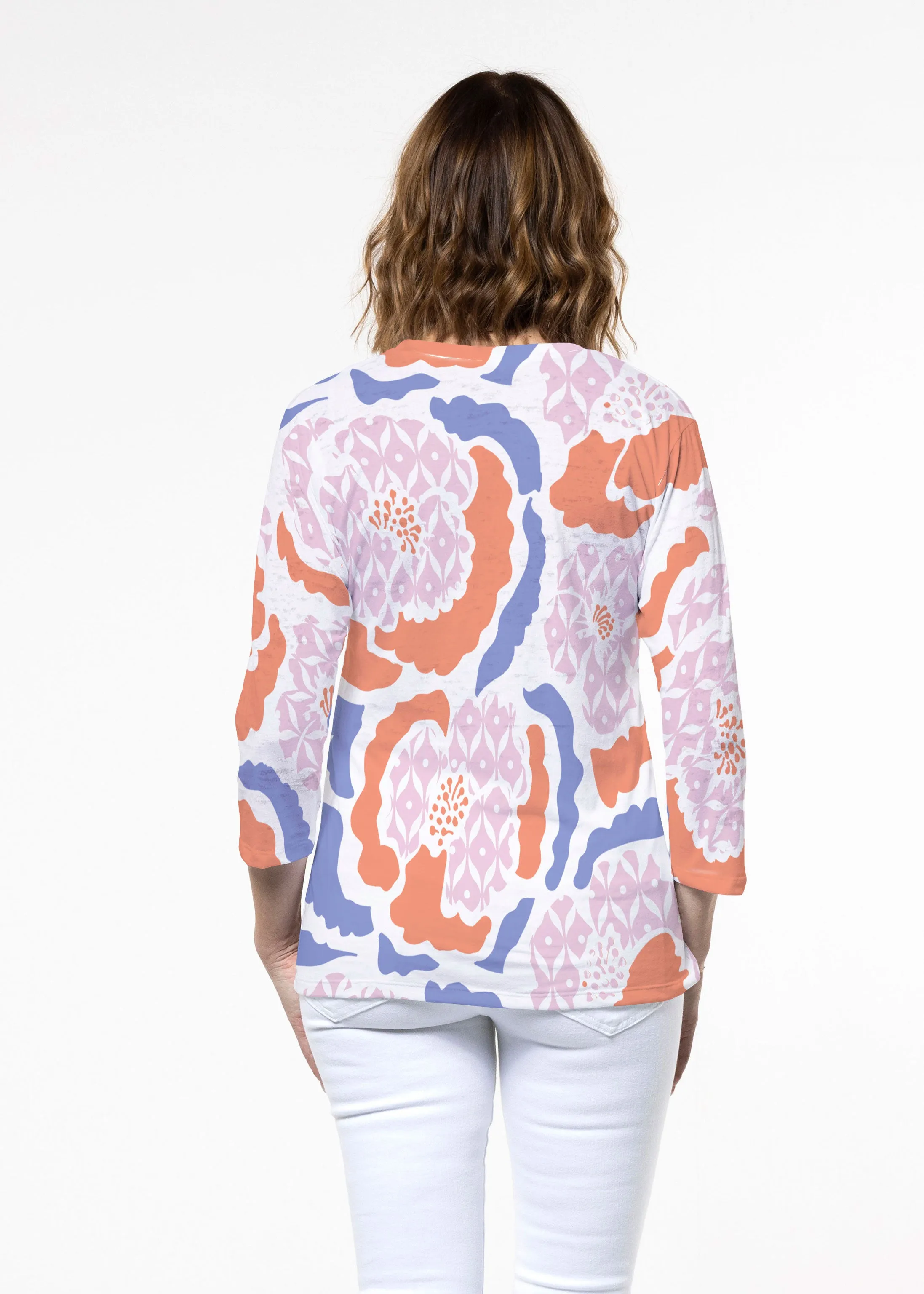 Peonies Pink (8074) ~ Signature 3/4 Sleeve Crew Neck Top