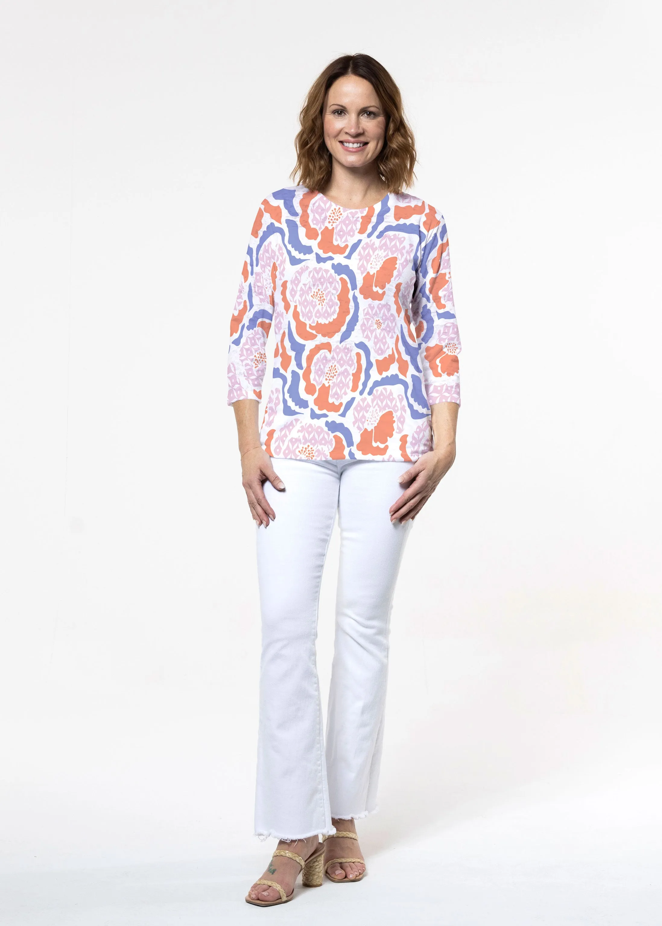 Peonies Pink (8074) ~ Signature 3/4 Sleeve Crew Neck Top