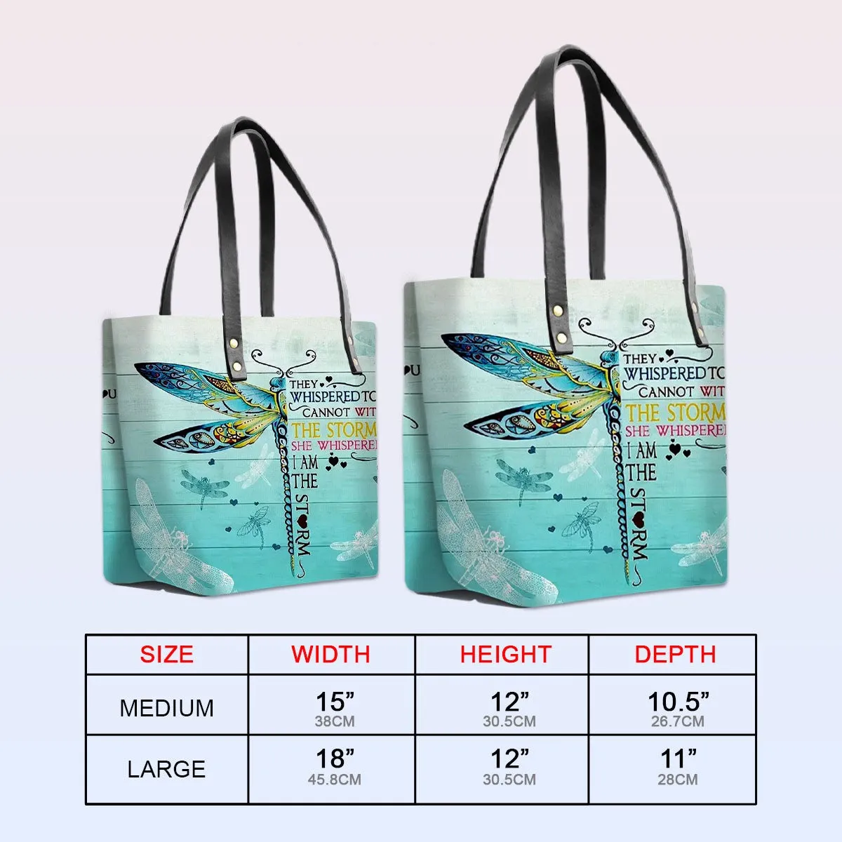 Personalized Leather Tote Bag with Bible Verses – I Am The Storm - Dragonfly | CHRISTIANARTBAG Leather TOTE Bag