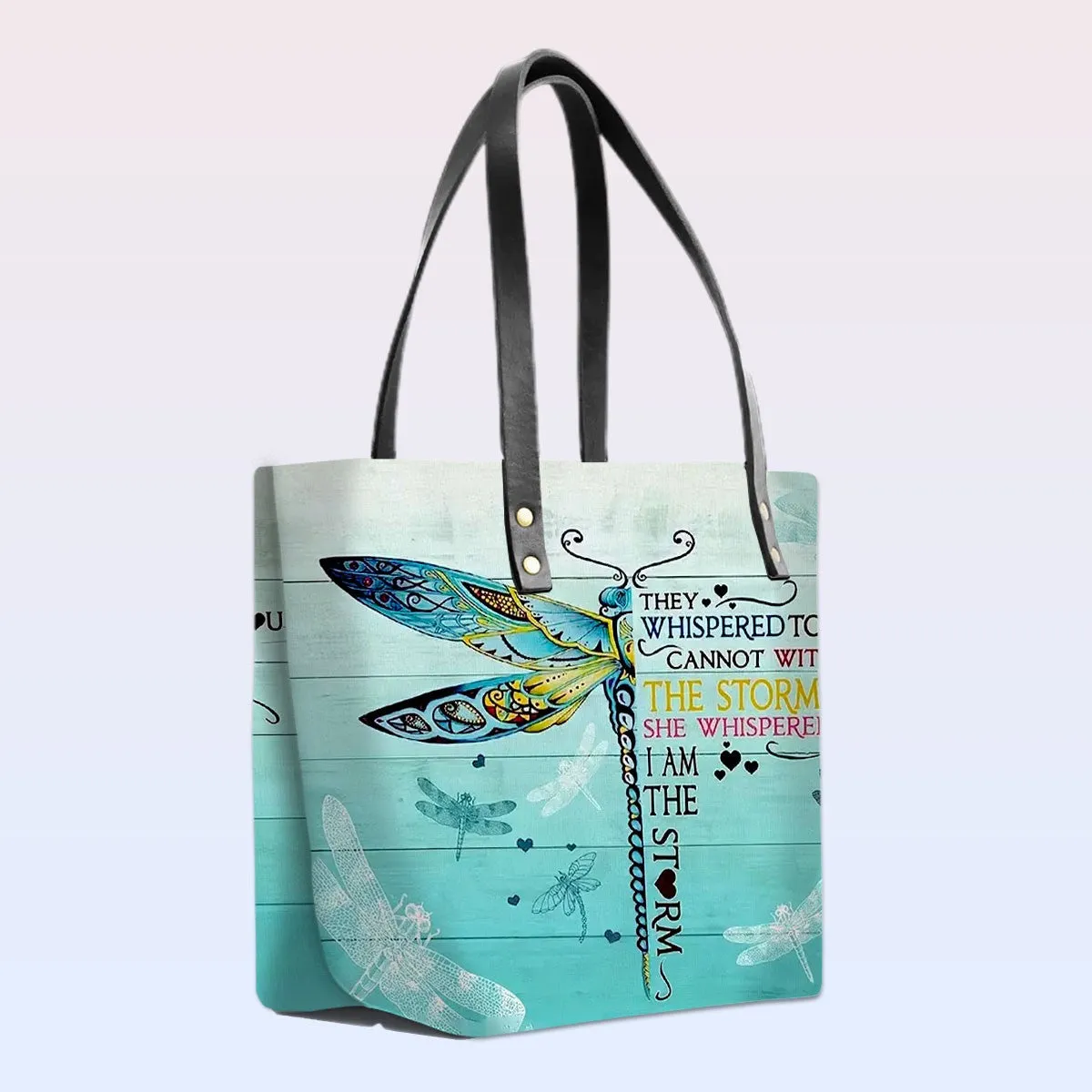 Personalized Leather Tote Bag with Bible Verses – I Am The Storm - Dragonfly | CHRISTIANARTBAG Leather TOTE Bag