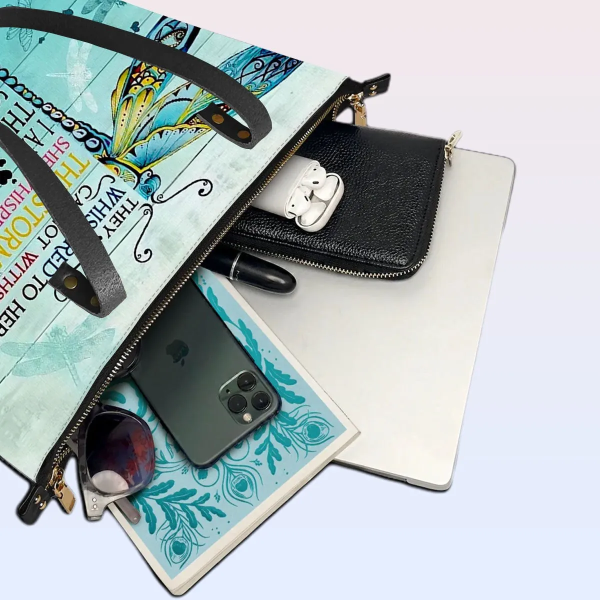 Personalized Leather Tote Bag with Bible Verses – I Am The Storm - Dragonfly | CHRISTIANARTBAG Leather TOTE Bag
