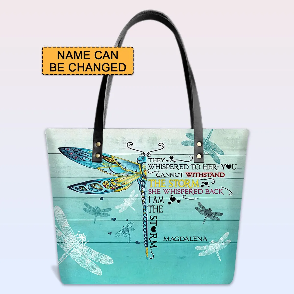 Personalized Leather Tote Bag with Bible Verses – I Am The Storm - Dragonfly | CHRISTIANARTBAG Leather TOTE Bag