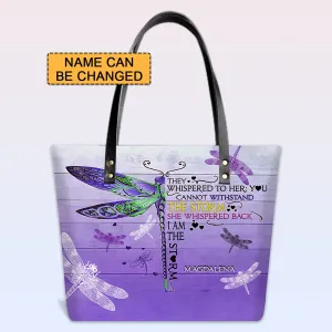 Personalized Leather Tote Bag with Bible Verses – I Am The Storm - Dragonfly | CHRISTIANARTBAG Leather TOTE Bag