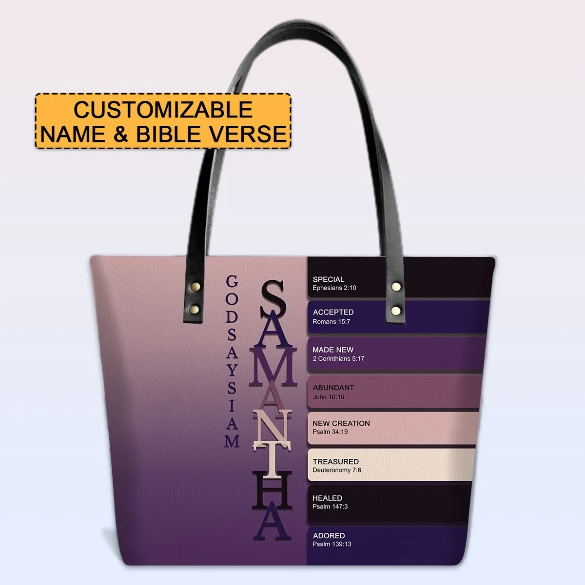 Personalized Leather Tote Bag with Bible Verses – Uncover the sacred meaning of your name – Custom Faith-Inspired Handbag Gradient Color | CHRISTIANARTBAG Leather TOTE Bag