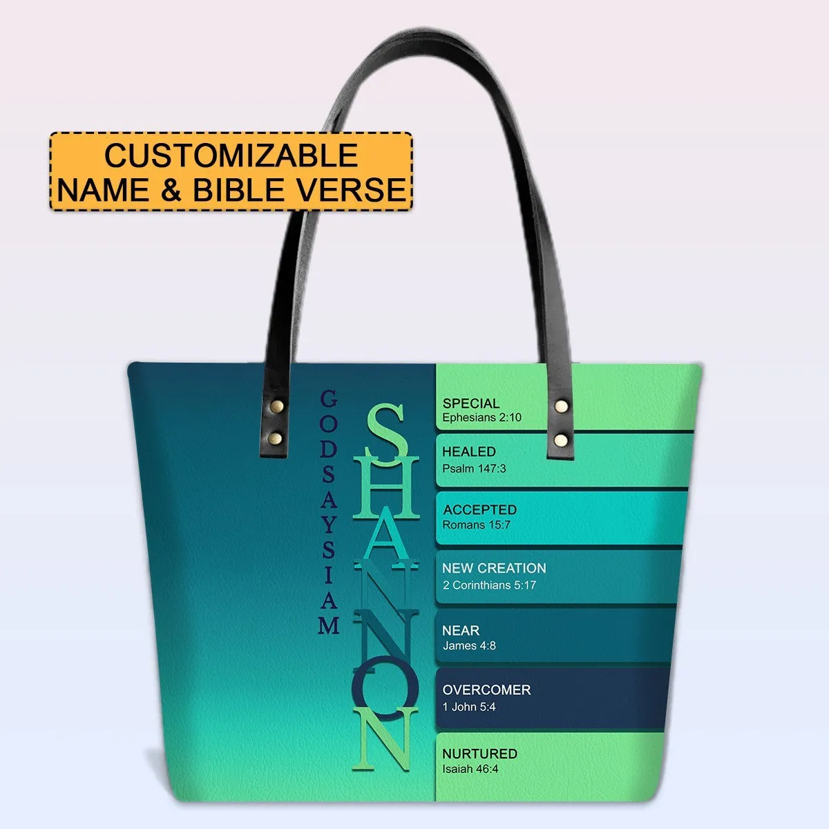 Personalized Leather Tote Bag with Bible Verses – Uncover the sacred meaning of your name – Custom Faith-Inspired Handbag Gradient Color | CHRISTIANARTBAG Leather TOTE Bag