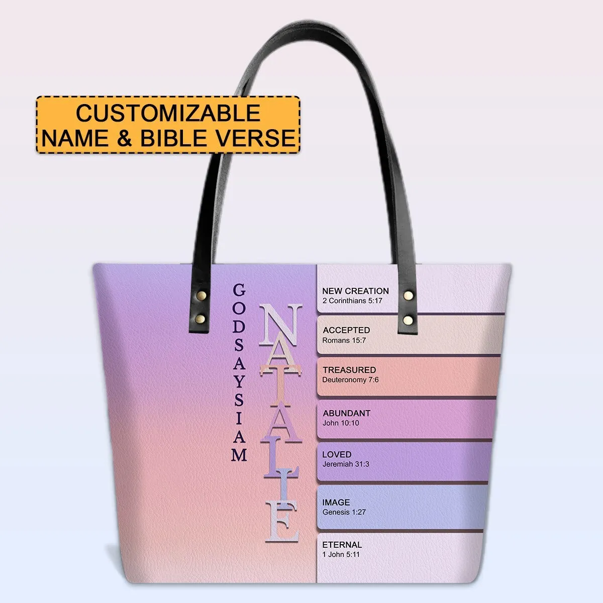 Personalized Leather Tote Bag with Bible Verses – Uncover the sacred meaning of your name – Custom Faith-Inspired Handbag Gradient Color | CHRISTIANARTBAG Leather TOTE Bag