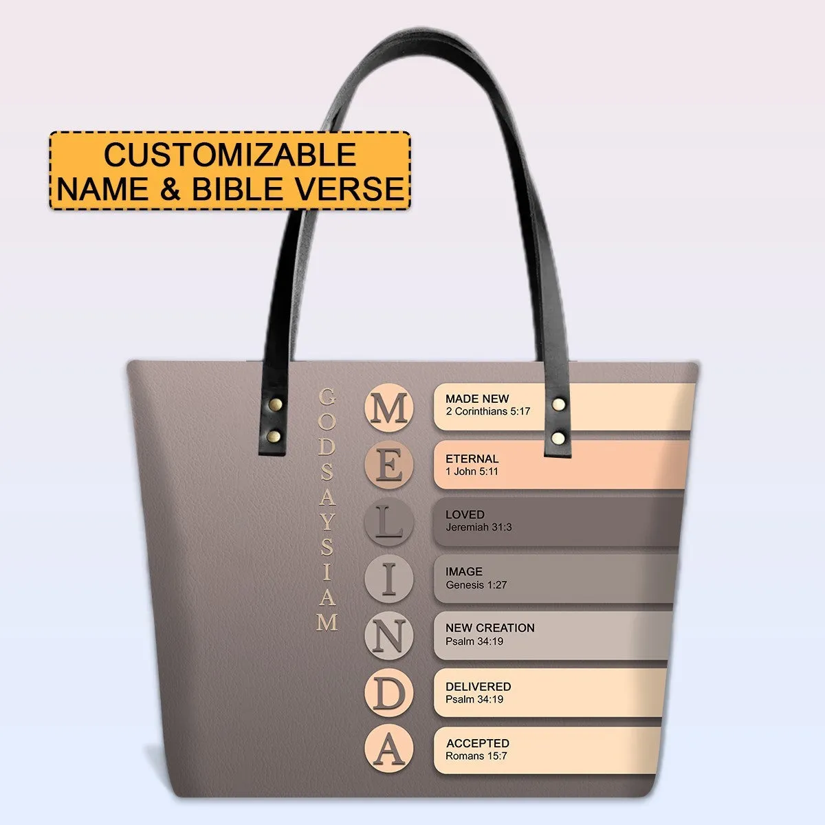 Personalized Leather Tote Bag with Bible Verses – Uncover the sacred meaning of your name – Custom Faith-Inspired Handbag Gradient Color | CHRISTIANARTBAG Leather TOTE Bag