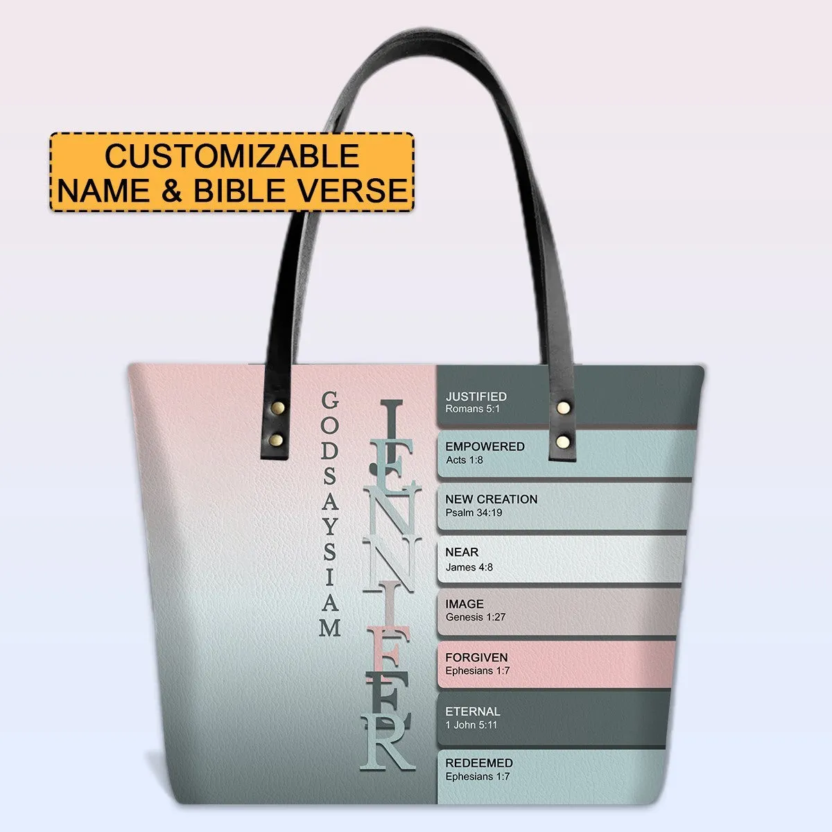 Personalized Leather Tote Bag with Bible Verses – Uncover the sacred meaning of your name – Custom Faith-Inspired Handbag Gradient Color | CHRISTIANARTBAG Leather TOTE Bag