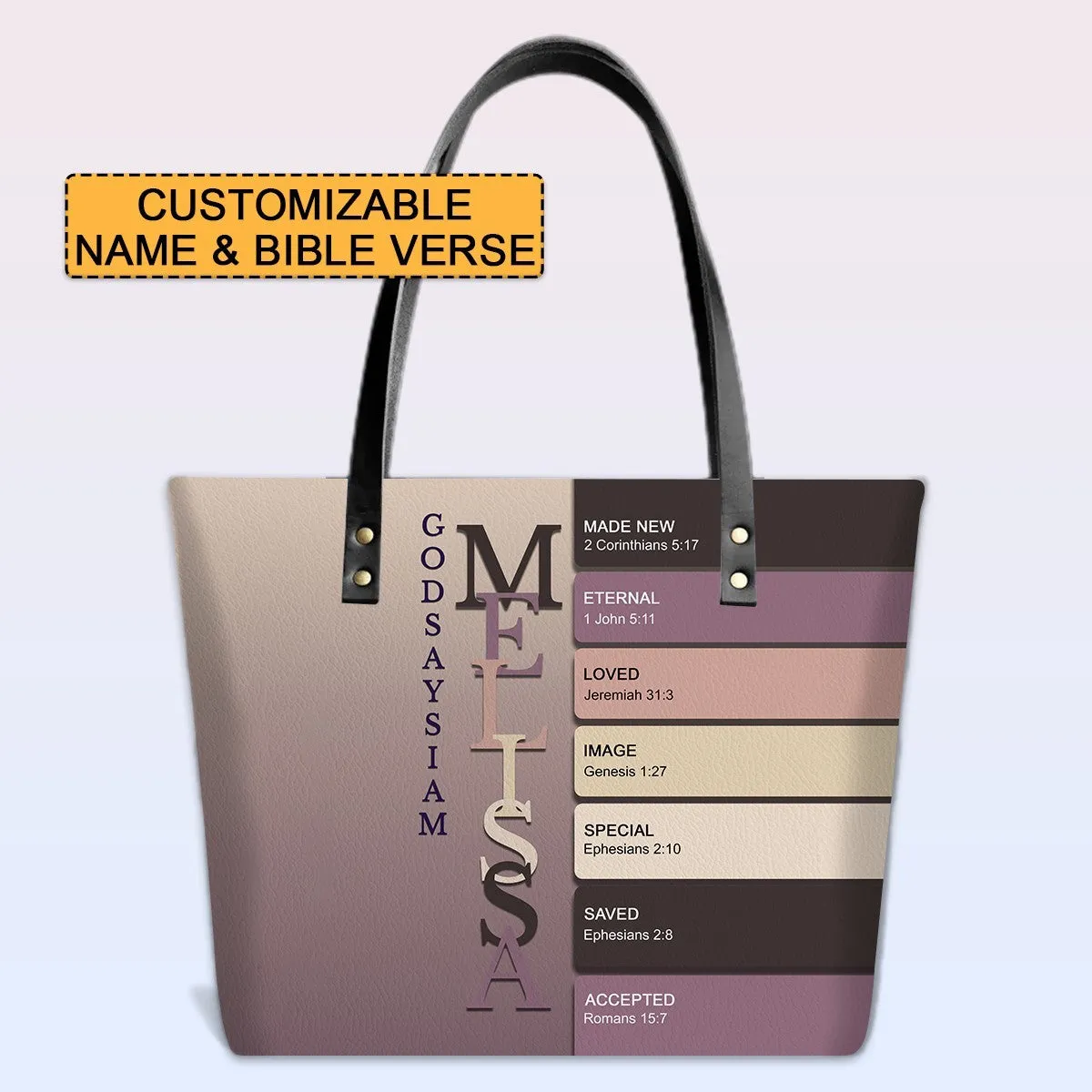 Personalized Leather Tote Bag with Bible Verses – Uncover the sacred meaning of your name – Custom Faith-Inspired Handbag Gradient Color | CHRISTIANARTBAG Leather TOTE Bag