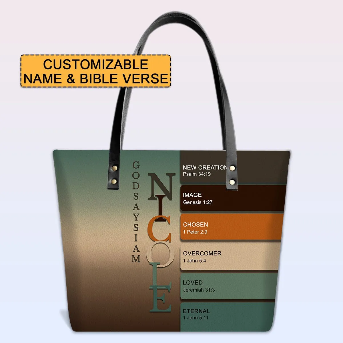 Personalized Leather Tote Bag with Bible Verses – Uncover the sacred meaning of your name – Custom Faith-Inspired Handbag Gradient Color | CHRISTIANARTBAG Leather TOTE Bag