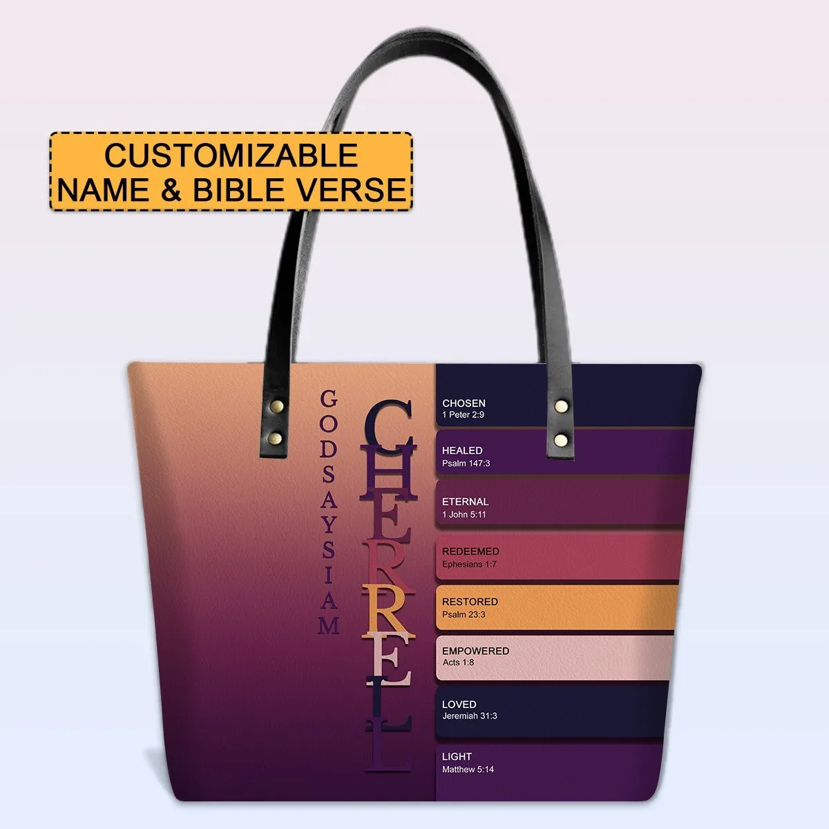 Personalized Leather Tote Bag with Bible Verses – Uncover the sacred meaning of your name – Custom Faith-Inspired Handbag Gradient Color | CHRISTIANARTBAG Leather TOTE Bag