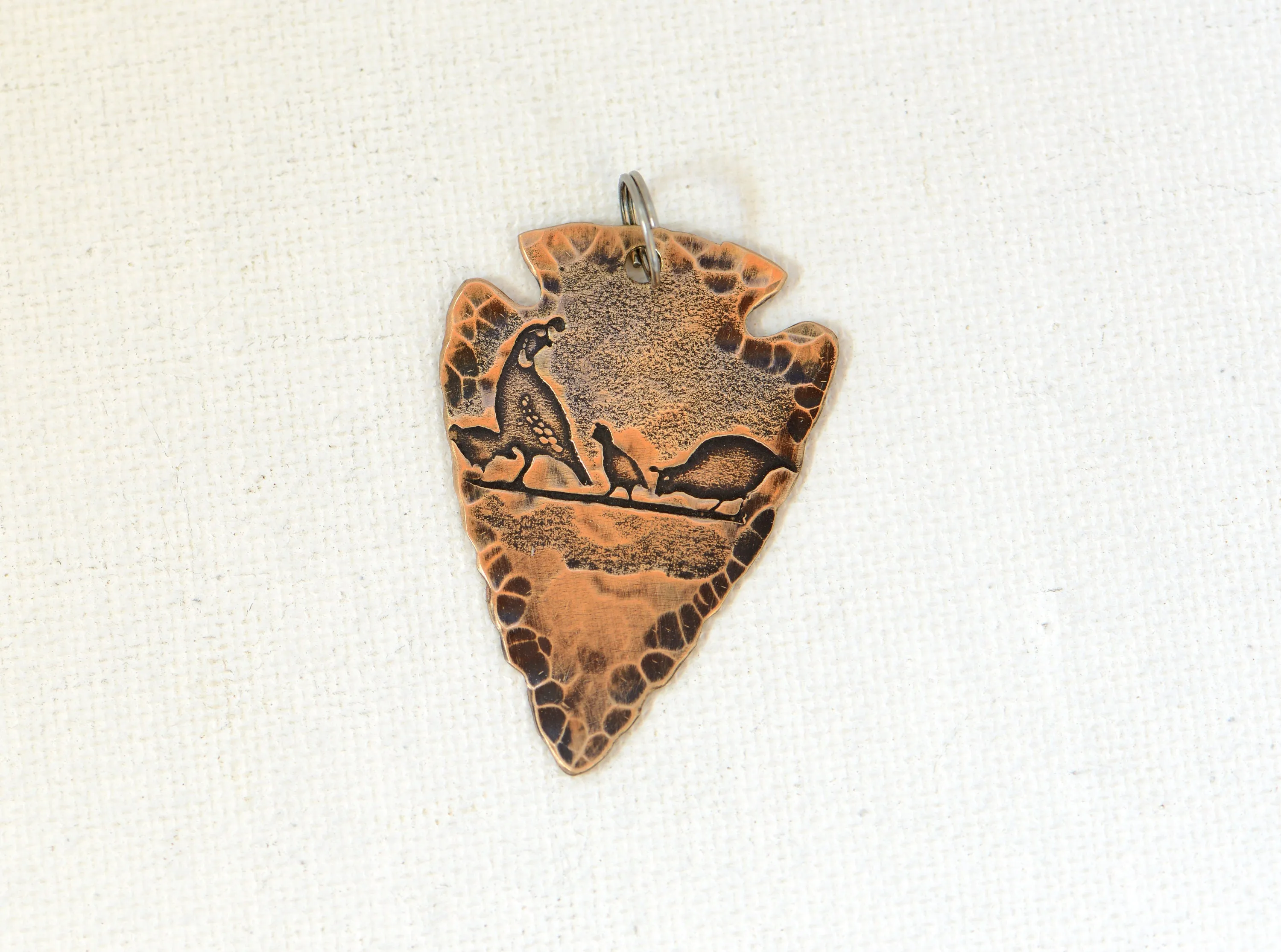 Pheasants on Copper Arrowhead Necklace with Rustic Hammered Patterning