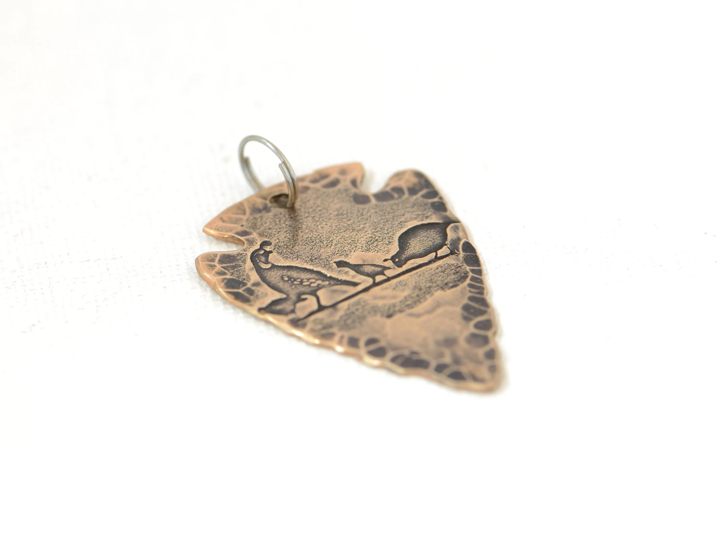 Pheasants on Copper Arrowhead Necklace with Rustic Hammered Patterning