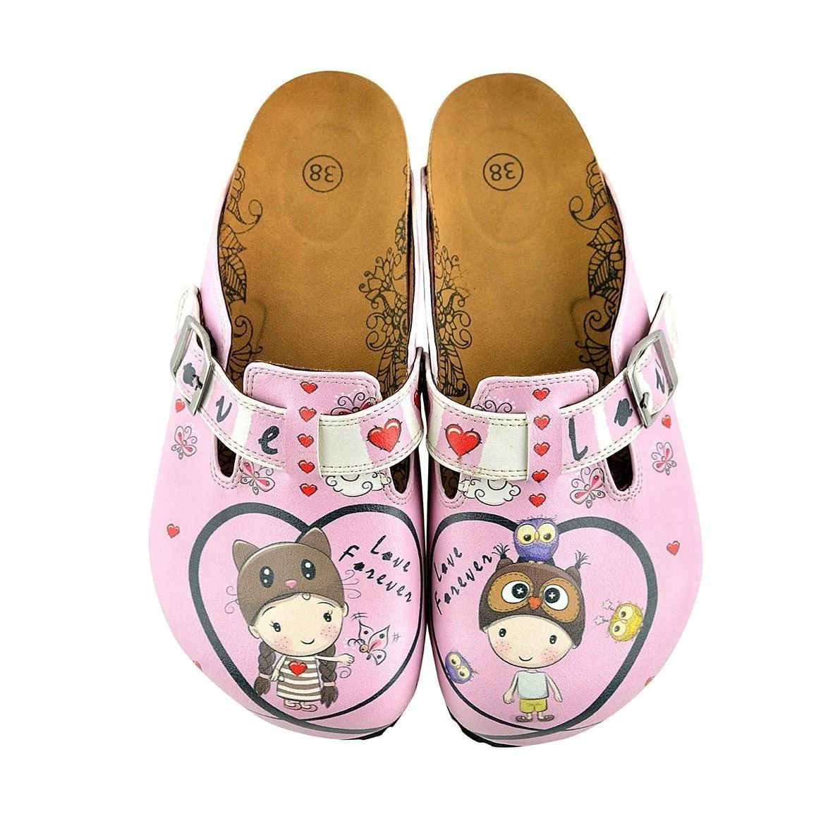 Pink and Red Heart Patterned Cute Child and Forever Written Patterned Clogs - WCAL339