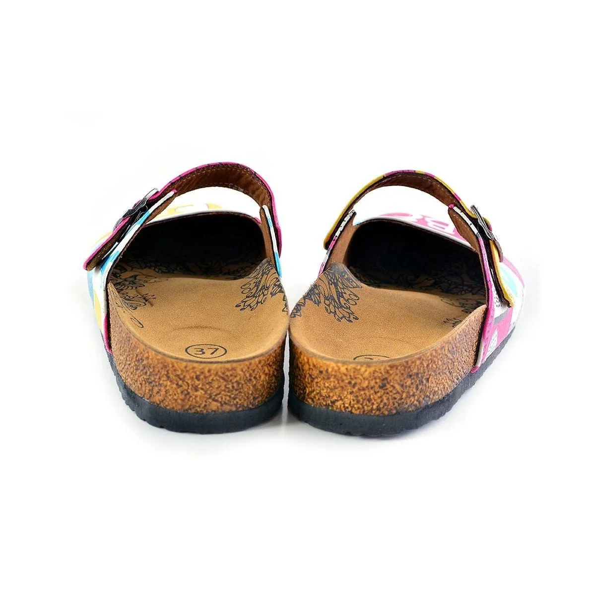 Pink, Blue, Yellow Colored Striped Pattern and be Happy Written Patterned Clogs - CAL809