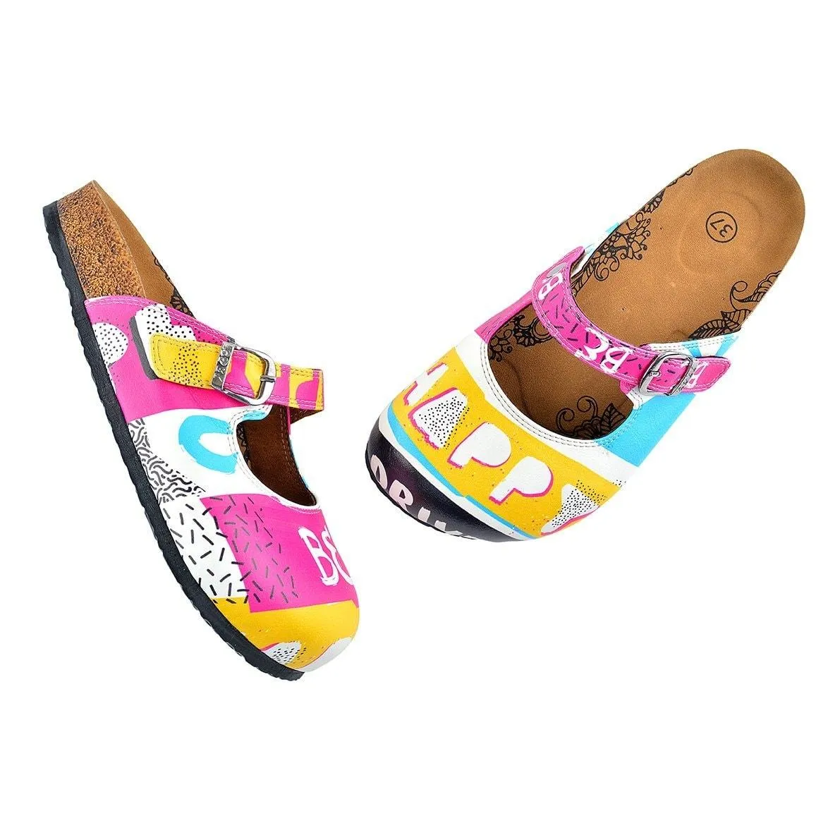 Pink, Blue, Yellow Colored Striped Pattern and be Happy Written Patterned Clogs - CAL809