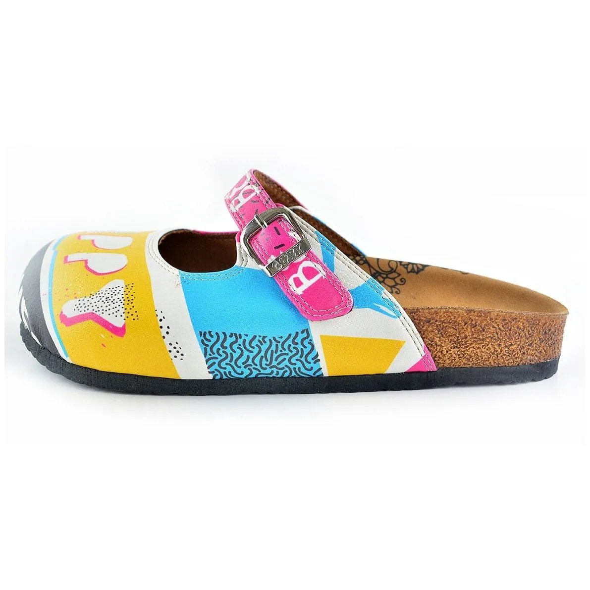 Pink, Blue, Yellow Colored Striped Pattern and be Happy Written Patterned Clogs - CAL809