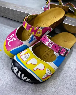Pink, Blue, Yellow Colored Striped Pattern and be Happy Written Patterned Clogs - CAL809