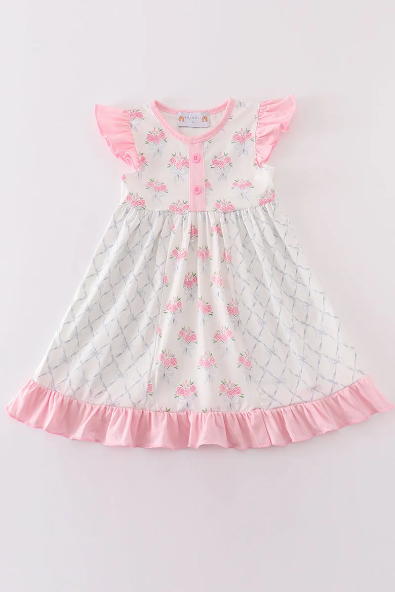 Pink Floral Bow Tie Print Girl Dress