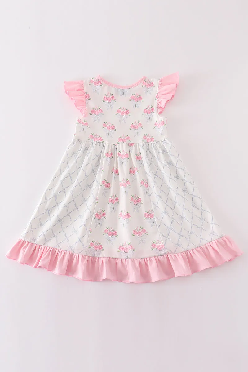 Pink Floral Bow Tie Print Girl Dress