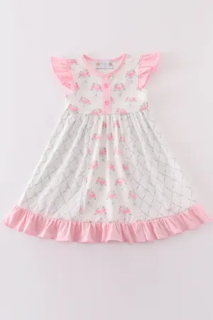 Pink Floral Bow Tie Print Girl Dress