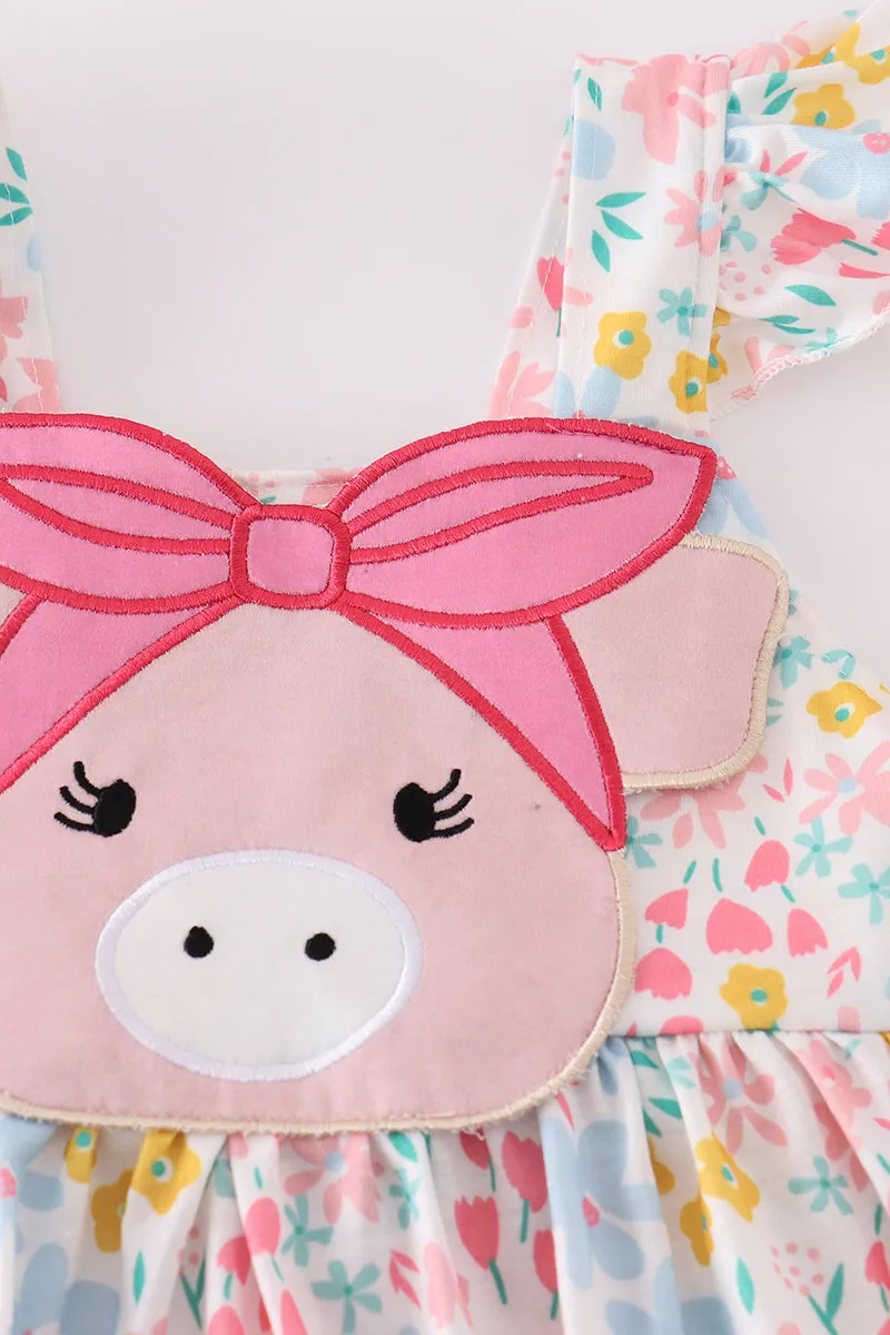 Pink Floral Pig Applique Dress