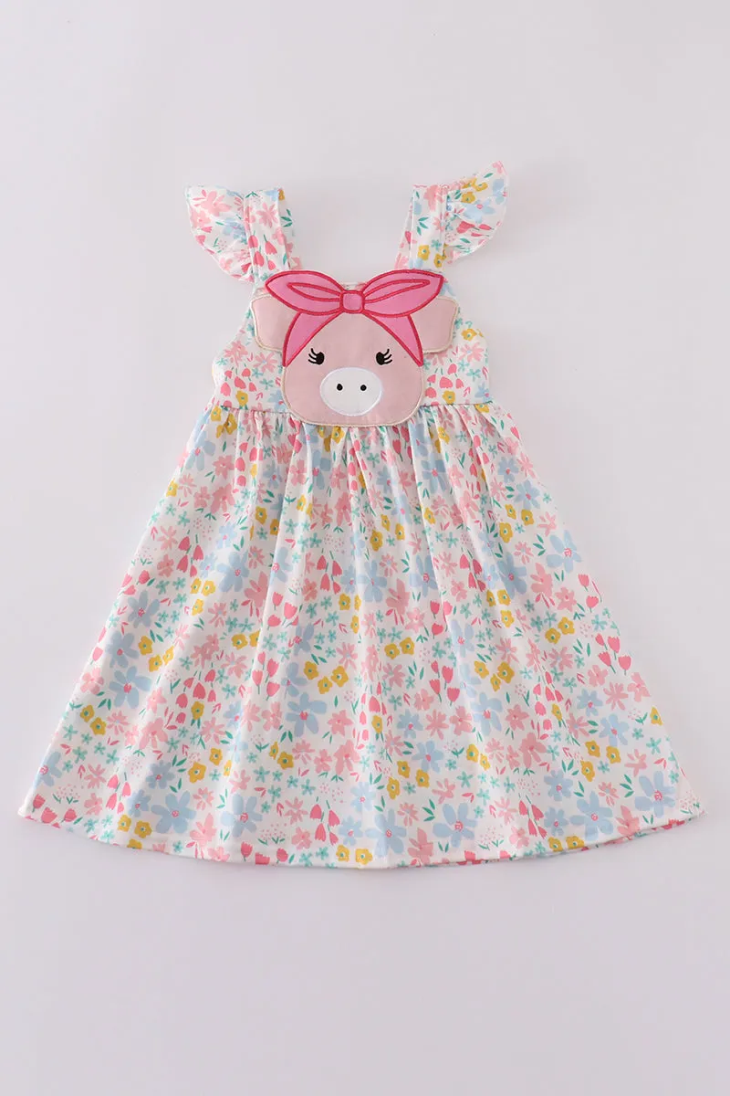 Pink Floral Pig Applique Dress