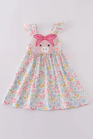 Pink Floral Pig Applique Dress