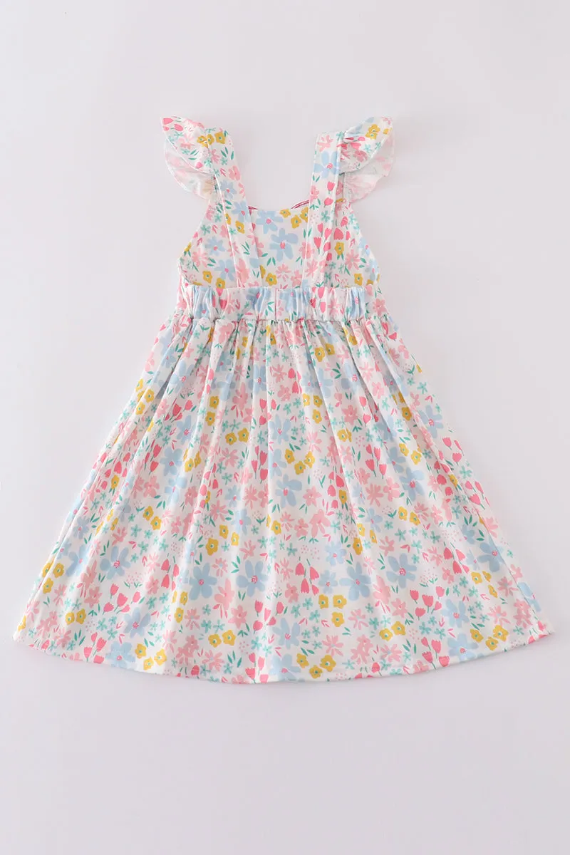Pink Floral Pig Applique Dress
