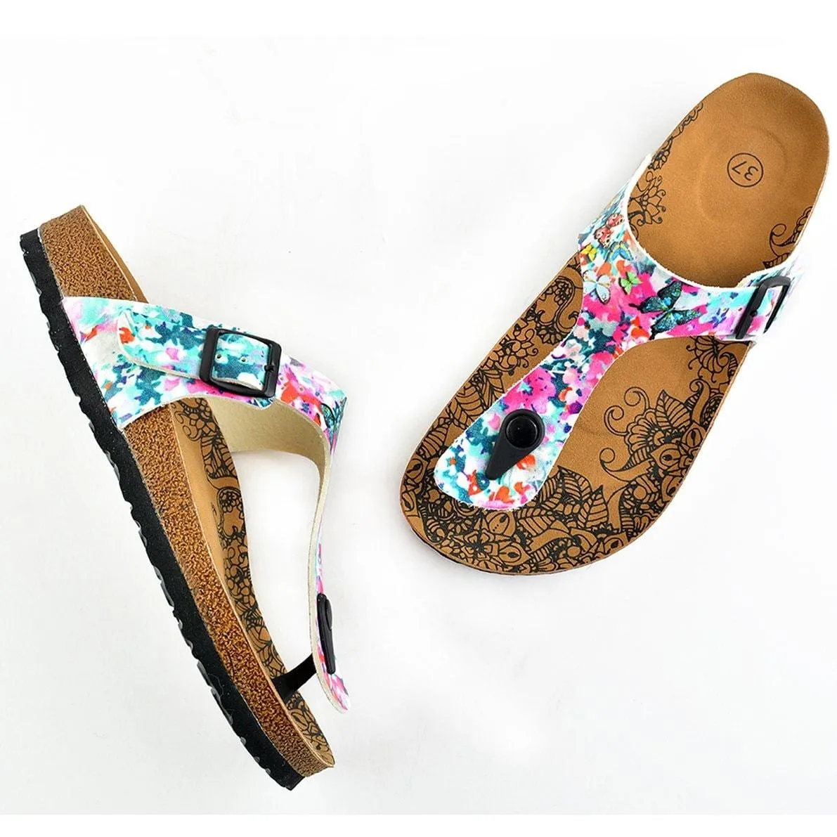 Pink Flowers Colored and Butterflys Patterned Sandal - CAL505