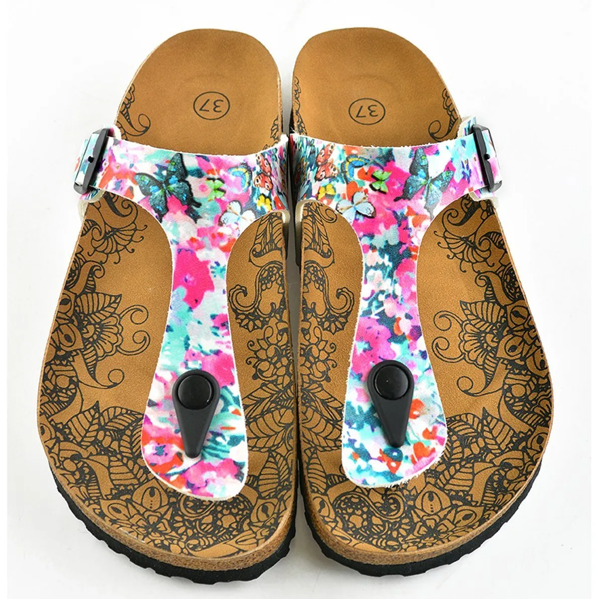 Pink Flowers Colored and Butterflys Patterned Sandal - CAL505