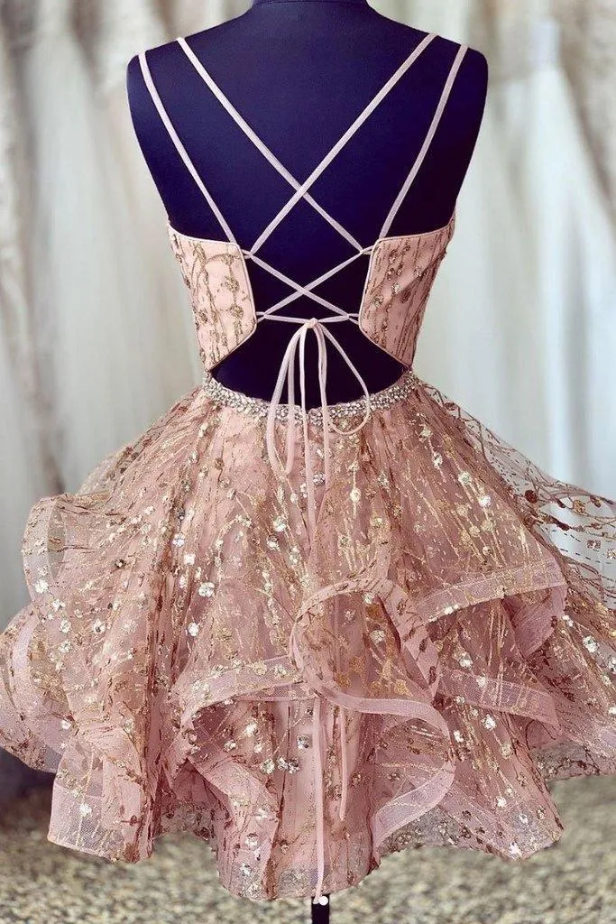 Pink Short Homecoming Dresses Sequined Party Dress  V-neck Evening Dress HD0118