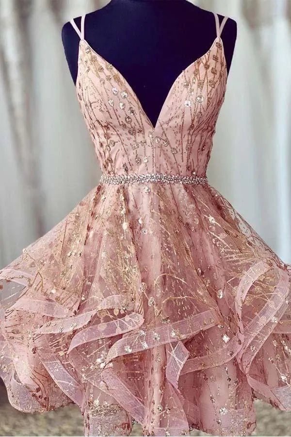 Pink Short Homecoming Dresses Sequined Party Dress  V-neck Evening Dress HD0118
