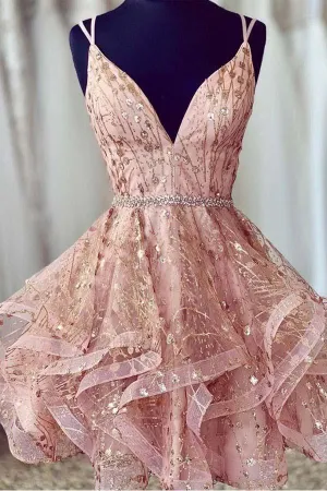 Pink Short Homecoming Dresses Sequined Party Dress  V-neck Evening Dress HD0118