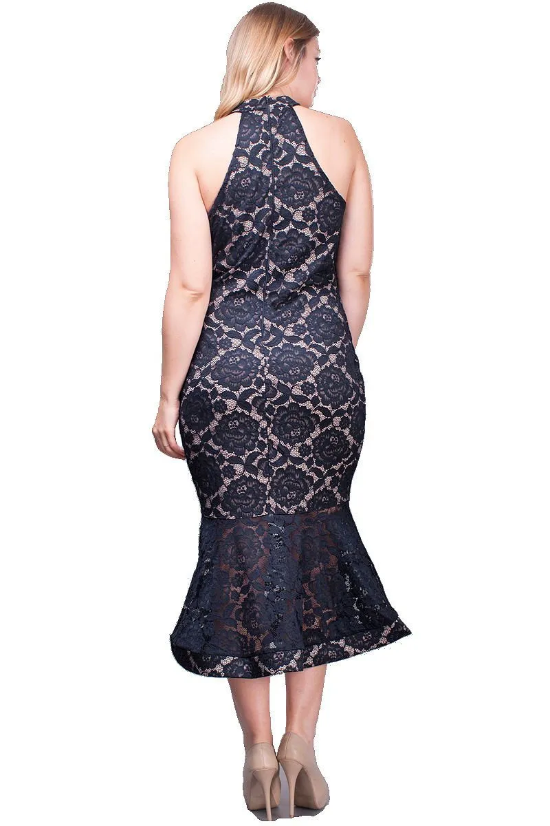 Plus Size Mermaid Dress Stretch Lace, High Neck, Sleeveless
