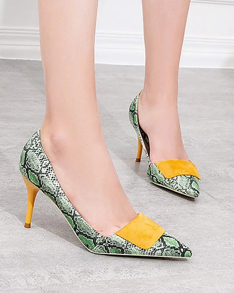 Point-toe Snakeskin Print Heel Pumps