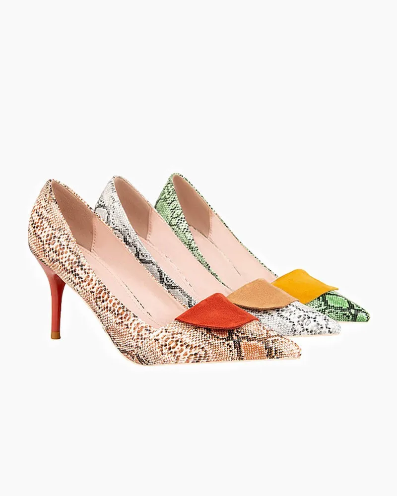Point-toe Snakeskin Print Heel Pumps