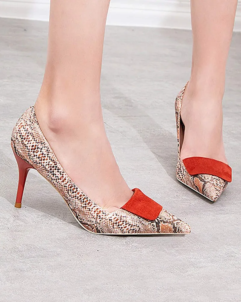 Point-toe Snakeskin Print Heel Pumps