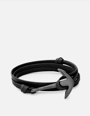 Polished Black Rhodium Plated Sterling Silver Anchor Black Leather Wrap Bracelet