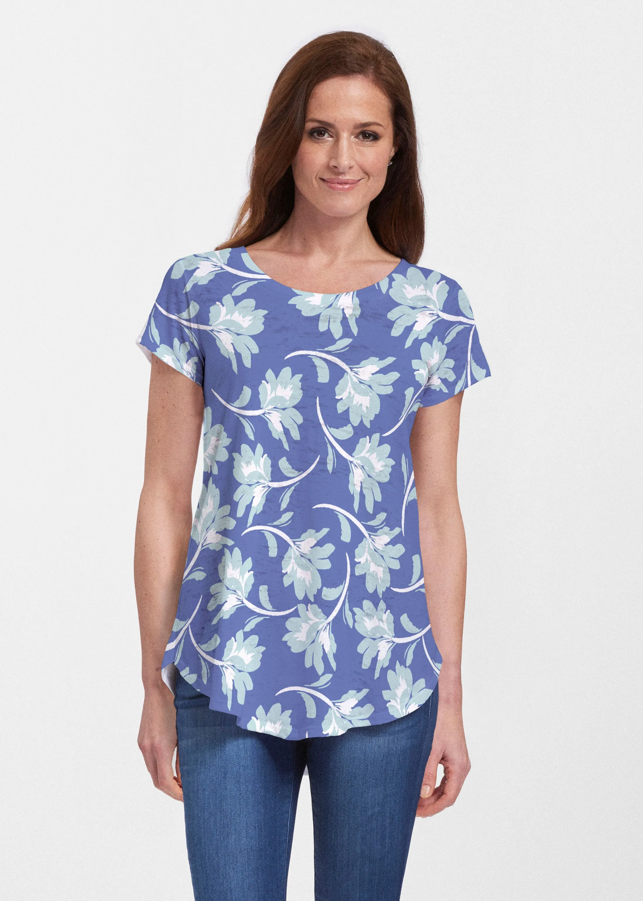 Polka Dot Floral Navy (7916) ~ Short Sleeve Scoop Neck Flowy Tunic