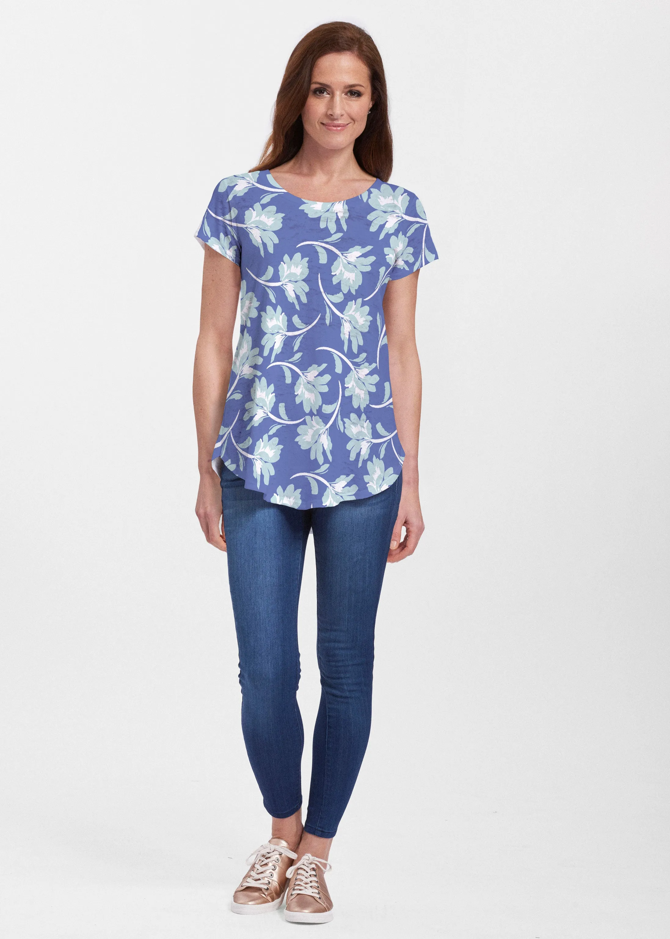 Polka Dot Floral Navy (7916) ~ Short Sleeve Scoop Neck Flowy Tunic